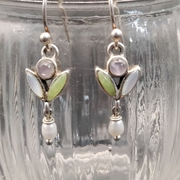Unique Sterling Silver, Amethyst, Peridot, Moonstone, and Seed Pearl Earrings. - Picture 3 of 4